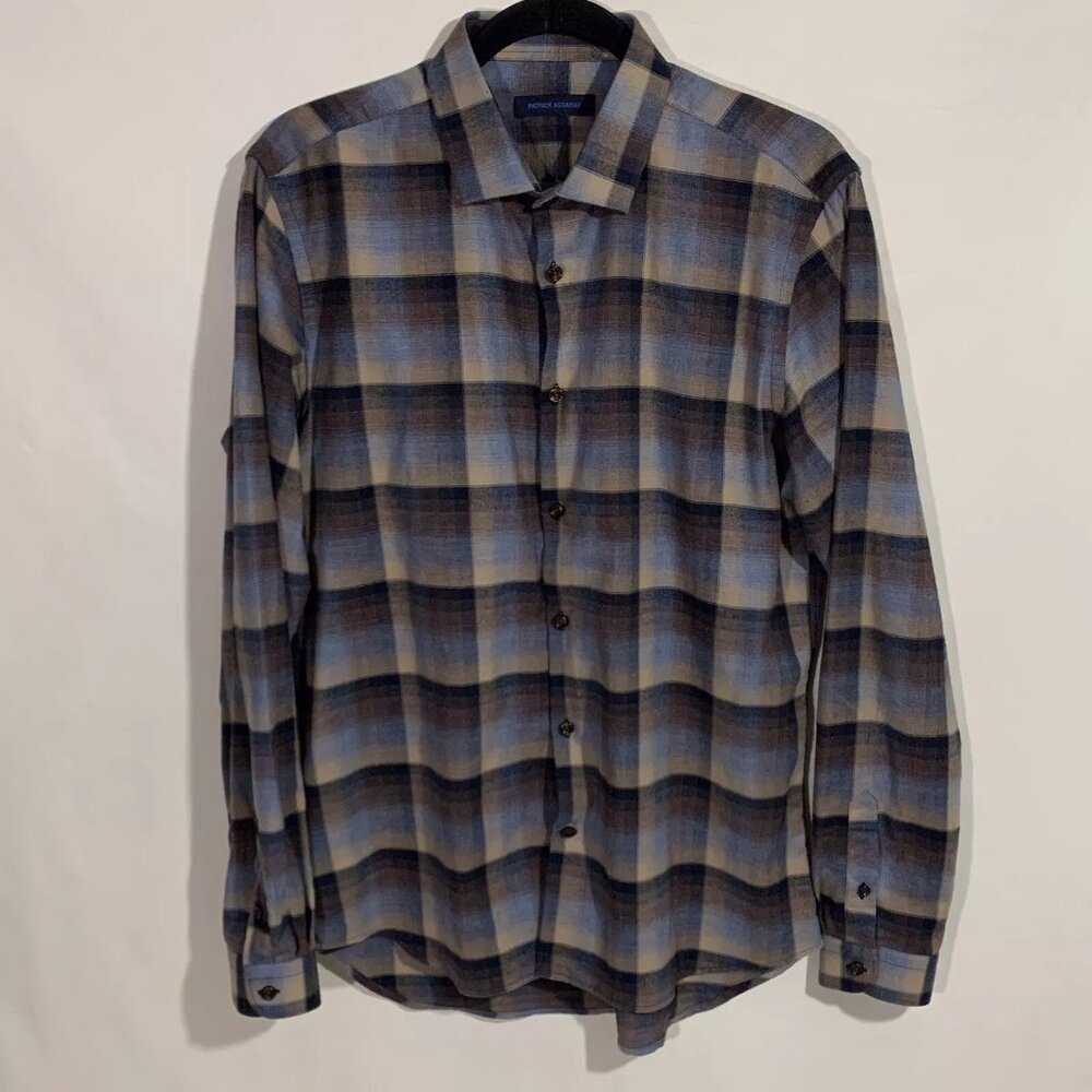 Patrick Assaraf Long Sleeve Button Up Flannel Shirt Size Medium Blue Brown